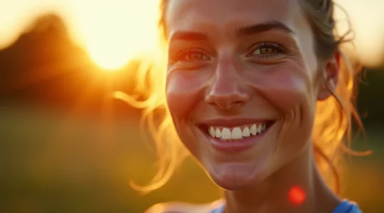 Visage rayonnant d'une femme sportive en plein air avec une lumière douce accentuant la beauté naturelle et la vitalité