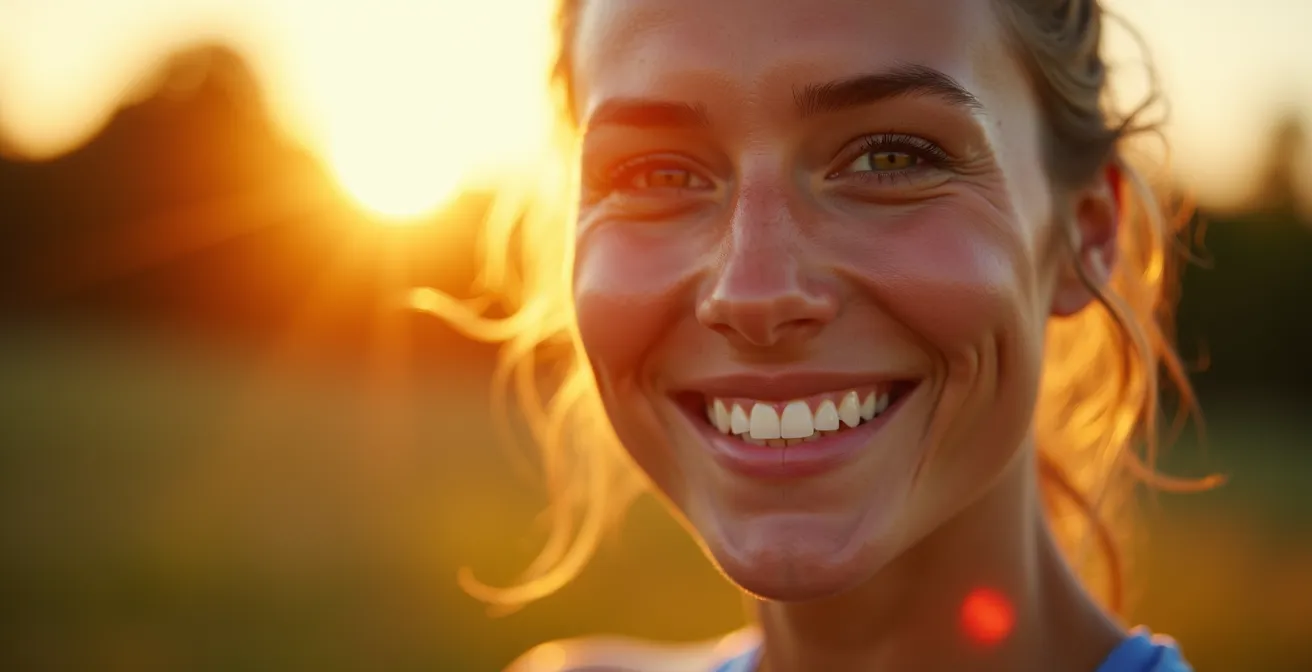 Visage rayonnant d'une femme sportive en plein air avec une lumière douce accentuant la beauté naturelle et la vitalité