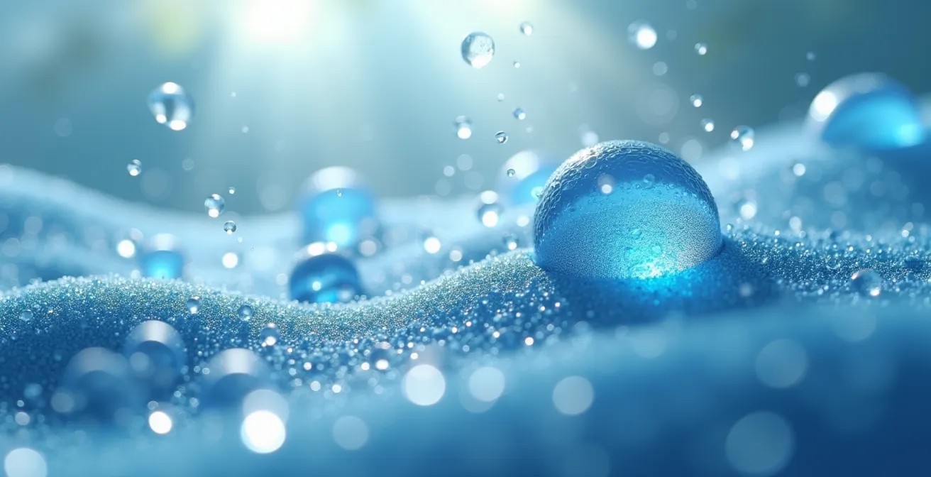 Image métaphorique représentant la peau hydratée avec des molécules d’eau entourant les cellules cutanées